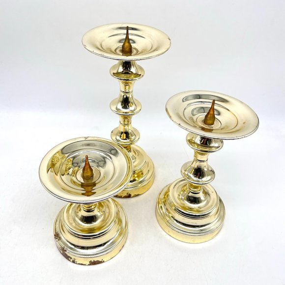 Partylite Falmouth Brass Trio of Pillar Candle Holders Distressed Prop BOHO - Picture 1 of 8